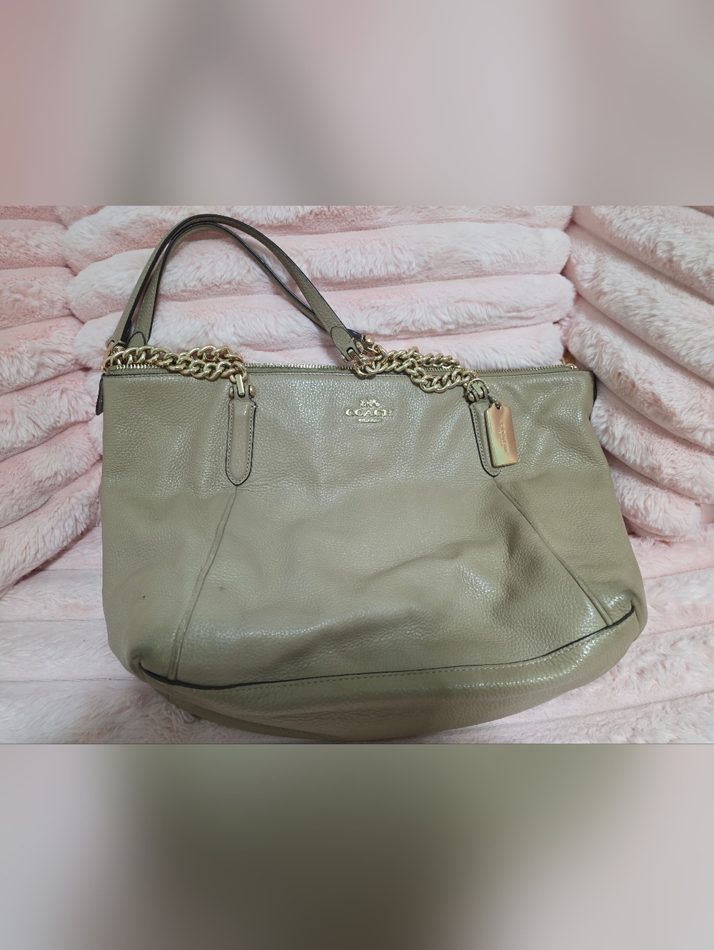 Coach Pebbled Leather Tote Bag Beige Taupe Chain Strap Shoulder Bag
